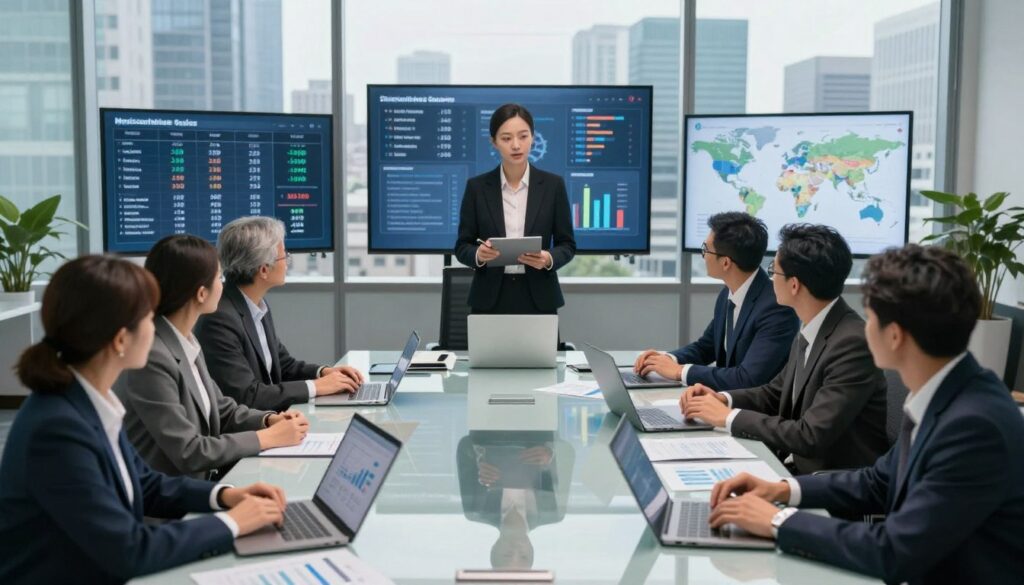 A sophisticated office environment representing the concept of director salaries across various industries and locations. In the foreground, a diverse group of professional individuals in business attire engage in discussion, displaying charts and statistical data on laptops and papers, symbolizing the analysis of salary trends. The middle ground features a large glass conference table, surrounded by modern office chairs and digital screens showcasing salary figures, industry icons, and location maps. The background reveals a panoramic city view through large windows, with skyscrapers representing different sectors. Soft, natural lighting illuminates the scene, creating a focused atmosphere. The image conveys a sense of professionalism, analysis, and collaboration in the context of executive compensation.