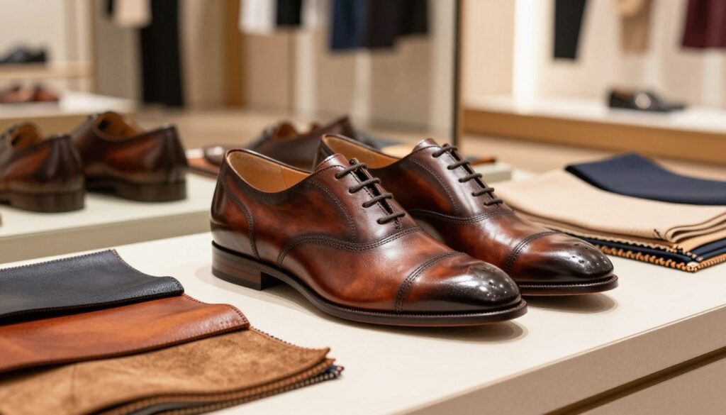 A sophisticated still life composition featuring high-quality 5th Avenue shoes displayed prominently in the foreground. The shoes should be made from rich leather, highlighting their craftsmanship with fine stitching and polished finishes. Arrange a variety of materials like suede, leather samples, and textile swatches beside them, showcasing options for comfort and durability. In the middle ground, include a soft-focus background of a stylish, modern retail environment, evoking a sense of luxury. Warm, natural lighting bathes the scene, creating an inviting atmosphere. Capture the image at a slightly elevated angle to emphasize the details of the shoes and materials, conveying a sense of elegance and sophistication ideal for a discerning audience.