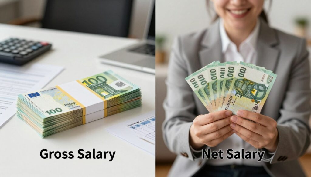 A split image depicting "brutto" and "netto" visually represented through contrasting elements. On the left, a stack of vibrant currency bills labeled "Gross Salary" in a professional office setting, with an elegant desk, a calculator, and financial documents, showcasing the complexity of gross earnings. On the right, a serene scene of a satisfied individual in business attire holding a lighter load of cash labeled "Net Salary," with a warm and inviting atmosphere, perhaps in a cozy home setting. Soft, natural lighting illuminates both sides, hinting at the differences in financial reality. The composition should have a clean and organized look, emphasizing clarity and professionalism, while invoking a reflective mood on personal finances.