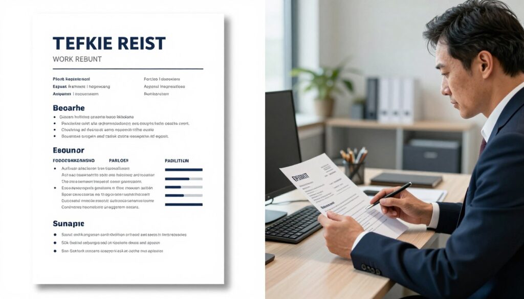 A split image showcasing a professional resume. On the left side, a two-page CV, neatly organized, featuring clear sections for personal information, work experience, education, and skills. The layout should be visually appealing and easy to read, with bullet points and balanced white space. On the right side, a recruiter’s desk in a modern office setting, with a focused professional in business attire reviewing the CV. The recruiter, a middle-aged individual with a thoughtful expression, should be illuminated by soft, natural light coming from a nearby window. The background displays contemporary office elements, creating an atmosphere of professionalism and critical evaluation. The mood should be serious yet constructive, emphasizing the importance of a well-structured resume.