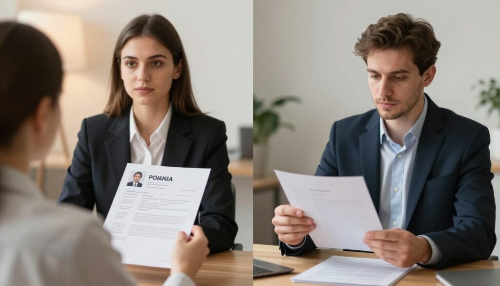 A split image showcasing two professional settings: on the left, a job interview scene in Poland, featuring a well-dressed person in business attire confidently handing over a CV with a clear, professional photograph. Warm, soft lighting creates an inviting atmosphere. On the right, a contrasting scene in a foreign setting, with a thoughtfully dressed individual evaluating a CV that lacks a photo, surrounded by a more formal and austere environment. Use of sharp, clinical lighting emphasizes the seriousness of the situation. Both scenes are framed to focus on the subjects, capturing the nuances in cultural attitudes towards CV photographs, evoking curiosity and contemplation about this difference.