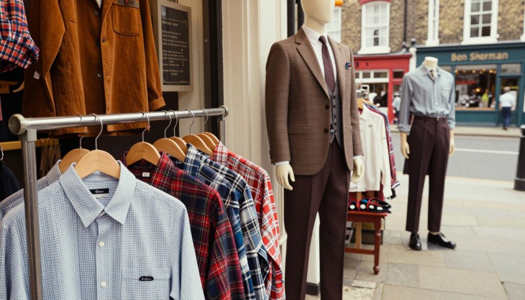A stylish 1960s British clothing shop showcasing Ben Sherman apparel, with neatly arranged shirts featuring distinct tartan patterns and vibrant colors. In the foreground, a vintage clothing rack displays iconic button-up shirts with the brand's logo subtly visible. The middle ground features a well-dressed mannequin sporting a classic Ben Sherman outfit, complete with tailored trousers and polished shoes, exuding a cool, retro vibe. The background includes a quaint Brighton street scene, hinting at the brand's origins, with old brick buildings and a bustling atmosphere. Soft, natural lighting enhances the textures of the fabrics, while a warm, nostalgic atmosphere immerses viewers in the history of this iconic brand. Capture the essence of 1963 with a slightly muted color palette. A stylish 1960s British clothing shop showcasing Ben Sherman apparel, with neatly arranged shirts featuring distinct tartan patterns and vibrant colors. In the foreground, a vintage clothing rack displays iconic button-up shirts with the brand's logo subtly visible. The middle ground features a well-dressed mannequin sporting a classic Ben Sherman outfit, complete with tailored trousers and polished shoes, exuding a cool, retro vibe. The background includes a quaint Brighton street scene, hinting at the brand's origins, with old brick buildings and a bustling atmosphere. Soft, natural lighting enhances the textures of the fabrics, while a warm, nostalgic atmosphere immerses viewers in the history of this iconic brand. Capture the essence of 1963 with a slightly muted color palette.