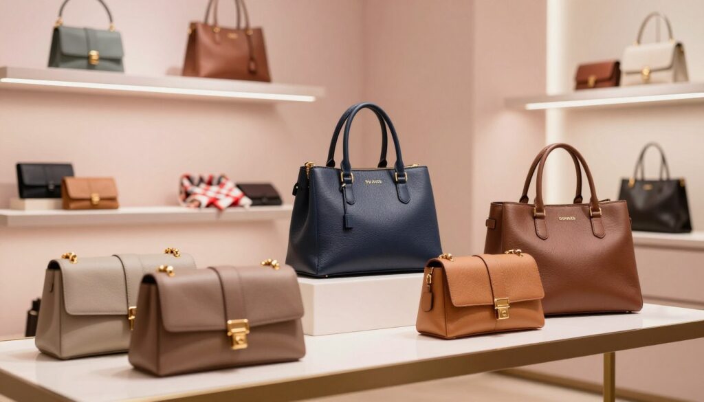 A stylish and modern display of Bulaggi handbags and accessories for 2025, showcasing the latest trends in the fashion industry. In the foreground, an elegant assortment of leather handbags in various textures, colors, and sizes, arranged on a sleek, reflective surface. The middle ground features a softly lit boutique setting with tasteful shelving displaying complementary accessories like scarves and wallets. In the background, minimalistic decor with soft pastel walls and warm ambient lighting creates a welcoming atmosphere. The image should capture a sense of sophistication and excitement about the new collection, with a focus on sophisticated design and quality craftsmanship, shot from a slight angle to create depth and interest. A stylish and modern display of Bulaggi handbags and accessories for 2025, showcasing the latest trends in the fashion industry. In the foreground, an elegant assortment of leather handbags in various textures, colors, and sizes, arranged on a sleek, reflective surface. The middle ground features a softly lit boutique setting with tasteful shelving displaying complementary accessories like scarves and wallets. In the background, minimalistic decor with soft pastel walls and warm ambient lighting creates a welcoming atmosphere. The image should capture a sense of sophistication and excitement about the new collection, with a focus on sophisticated design and quality craftsmanship, shot from a slight angle to create depth and interest.