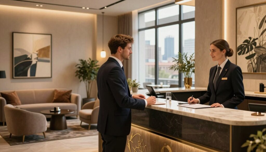 A stylish and modern hotel lobby in Warsaw, showcasing luxurious accommodations. In the foreground, a professional-looking individual dressed in a smart business suit is checking in at the reception desk, engaged in conversation with a friendly hotel staff member. In the middle ground, plush seating areas feature elegantly arranged furniture and contemporary art on the walls, creating a welcoming atmosphere. The background reveals large windows with a view of Warsaw's skyline, under a warm and inviting golden light that emphasizes the elegance of the space. The overall mood is sophisticated and professional, reflecting the comfort and amenities available to officials during their stay in the city.