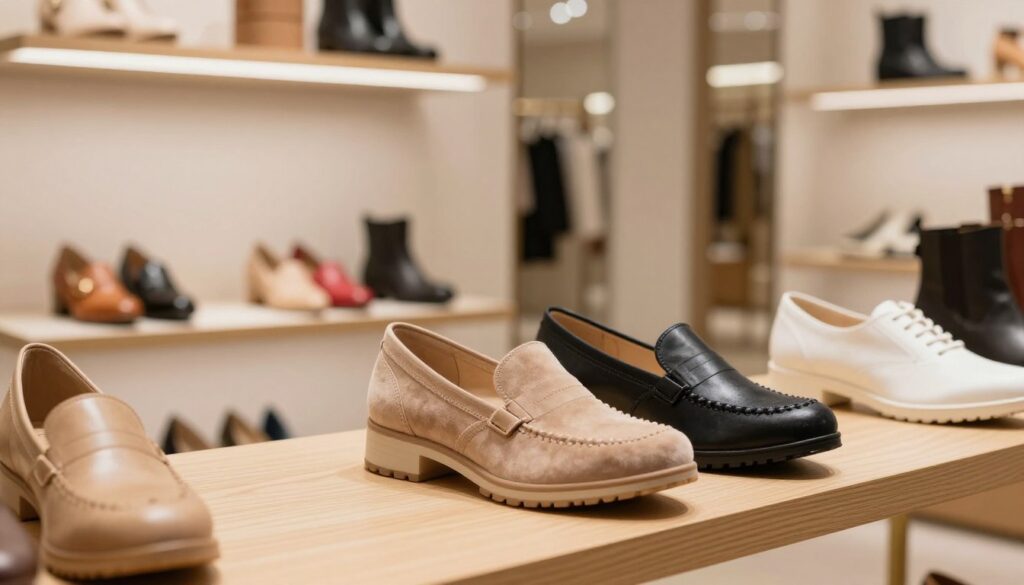 A stylish and modern indoor shoe store showcasing a collection of Caprice footwear, emphasizing comfort and elegance. In the foreground, a close-up of a pair of chic Caprice shoes with soft, cushioned soles and intricate detailing, displayed on a sleek wooden shelf. The middle ground features a tasteful arrangement of various Caprice shoes in vibrant colors and fashionable designs, set against a backdrop of warm, inviting lighting that enhances the textures and materials. The background displays a sophisticated store interior with neutral tones, minimalistic decor, and soft ambient lighting, creating a relaxed and welcoming atmosphere. The image conveys a sense of luxury and comfort, appealing to discerning customers who value both style and ergonomic design. A stylish and modern indoor shoe store showcasing a collection of Caprice footwear, emphasizing comfort and elegance. In the foreground, a close-up of a pair of chic Caprice shoes with soft, cushioned soles and intricate detailing, displayed on a sleek wooden shelf. The middle ground features a tasteful arrangement of various Caprice shoes in vibrant colors and fashionable designs, set against a backdrop of warm, inviting lighting that enhances the textures and materials. The background displays a sophisticated store interior with neutral tones, minimalistic decor, and soft ambient lighting, creating a relaxed and welcoming atmosphere. The image conveys a sense of luxury and comfort, appealing to discerning customers who value both style and ergonomic design.