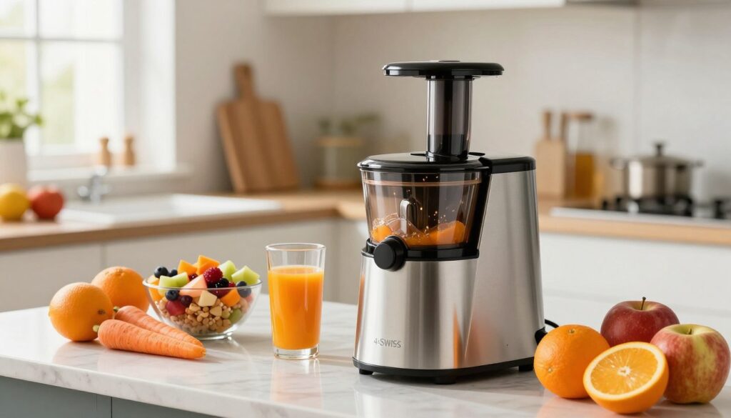 A stylish and modern kitchen countertop displaying a range of high-quality 4Swiss juice extractor appliances. In the foreground, showcase a sleek, stainless steel juicer with fresh fruits like oranges, apples, and carrots arranged beside it, emphasizing the juicing process. In the middle, include a vibrant, colorful smoothie bowl and a glass of freshly extracted juice, highlighting health and freshness. The background features a well-lit kitchen with soft natural lighting coming through a window, creating a warm and inviting atmosphere. Use a shallow depth of field to softly blur the background, directing focus on the products. The overall mood should be clean, fresh, and vibrant, conveying a sense of modern living and healthy lifestyle.