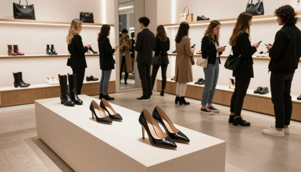 A stylish and modern retail environment featuring a display of Catwalk footwear, showcasing a diverse range of fashionable shoes. In the foreground, a pair of elegant Catwalk high heels sits prominently on a sleek, minimalist pedestal. Around it, a variety of shoes, such as boots and sneakers, are tastefully arranged. The middle ground features well-dressed shoppers admiring the selection, dressed in professional attire, reflecting a chic urban vibe. The background includes an eye-catching store interior, with soft lighting illuminating neatly organized shelves and stylish decor. The atmosphere conveys a sense of sophistication and trendiness, inviting potential customers to explore the offerings. The image is taken from a slightly elevated angle to capture the entire display effectively.