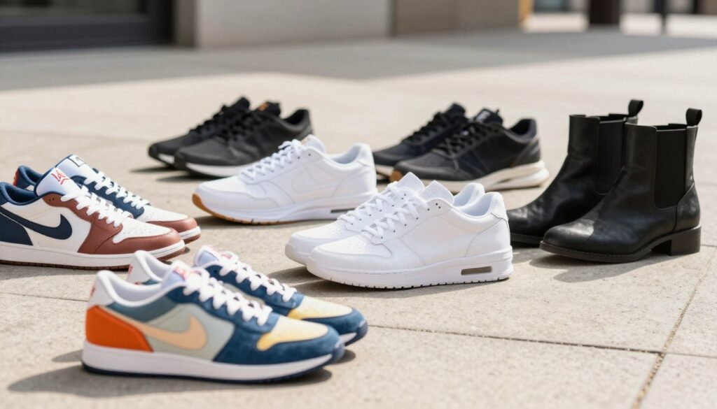 A stylish assortment of everyday footwear, showcasing a variety of sneakers: casual Jordan-inspired shoes, sleek tennis shoes with minimalist design, and trendy ankle boots. The foreground features a pair of eye-catching sneakers in vibrant colors, appealing patterns, and modern materials. In the middle ground, display a range of stylish tennis shoes, emphasizing their comfort and versatility, positioned dynamically to highlight their design. The background includes a soft focus on a neutral urban setting that enhances the footwear without overwhelming it. Natural daylight bathes the scene, casting soft shadows and creating a fresh, inviting atmosphere. The composition captures the essence of Americanos style, emphasizing quality and modern casual wear, perfect for daily use. A stylish assortment of everyday footwear, showcasing a variety of sneakers: casual Jordan-inspired shoes, sleek tennis shoes with minimalist design, and trendy ankle boots. The foreground features a pair of eye-catching sneakers in vibrant colors, appealing patterns, and modern materials. In the middle ground, display a range of stylish tennis shoes, emphasizing their comfort and versatility, positioned dynamically to highlight their design. The background includes a soft focus on a neutral urban setting that enhances the footwear without overwhelming it. Natural daylight bathes the scene, casting soft shadows and creating a fresh, inviting atmosphere. The composition captures the essence of Americanos style, emphasizing quality and modern casual wear, perfect for daily use.