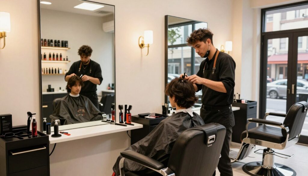 A stylish barbershop interior featuring a modern hair salon setup. In the foreground, a sleek barber chair with a large mirror reflecting professional hair styling tools neatly arranged on a counter. The middle ground showcases a vibrant atmosphere with a hairdresser in professional attire attending to a client. The background includes a wall adorned with hair product displays and stylish lighting fixtures, creating an inviting ambiance. Soft, warm lighting enhances the cozy and professional feel, while a panoramic view through large windows reveals a bustling city street outside. Capture an atmosphere of creativity and professionalism, highlighting the success of a hairdresser working in their own salon. A stylish barbershop interior featuring a modern hair salon setup. In the foreground, a sleek barber chair with a large mirror reflecting professional hair styling tools neatly arranged on a counter. The middle ground showcases a vibrant atmosphere with a hairdresser in professional attire attending to a client. The background includes a wall adorned with hair product displays and stylish lighting fixtures, creating an inviting ambiance. Soft, warm lighting enhances the cozy and professional feel, while a panoramic view through large windows reveals a bustling city street outside. Capture an atmosphere of creativity and professionalism, highlighting the success of a hairdresser working in their own salon.