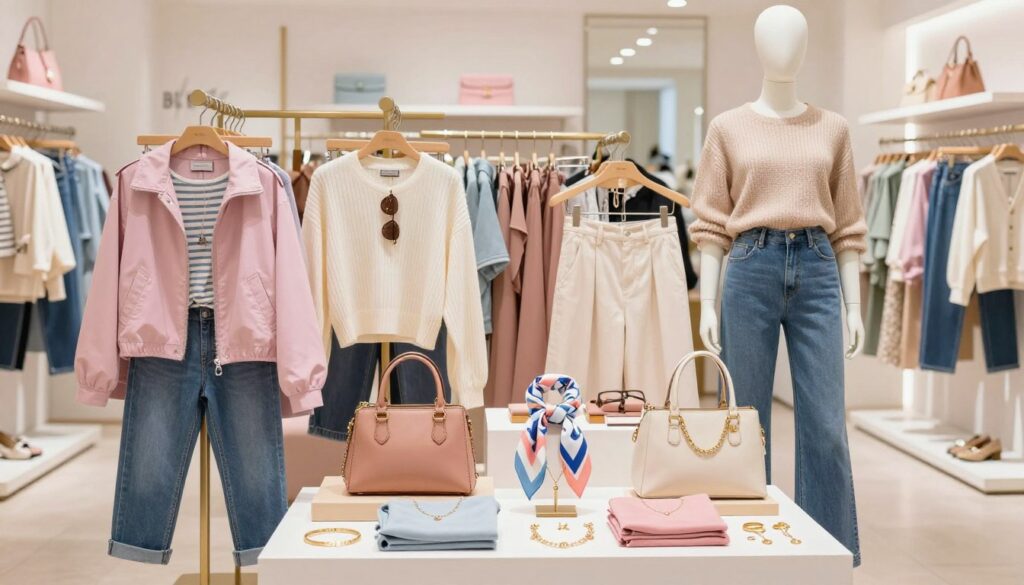 A stylish display of Bik Bok product categories, showcasing a vibrant collection of clothing and accessories. In the foreground, a neatly arranged selection of chic outfits, including trendy jackets, casual tops, and statement trousers, alongside stylish handbags and accessories like scarves and jewelry. The middle ground features a mannequin dressed in a popular Bik Bok outfit, showcasing contemporary fashion. In the background, a bright, airy boutique setting with soft lighting enhances the overall atmosphere, emphasizing a modern retail experience. The color palette is fresh and inviting, with pastel tones blending harmoniously. The scene conveys a sense of fashion-forward elegance, ideal for a youthful audience seeking trendy clothing and accessories.