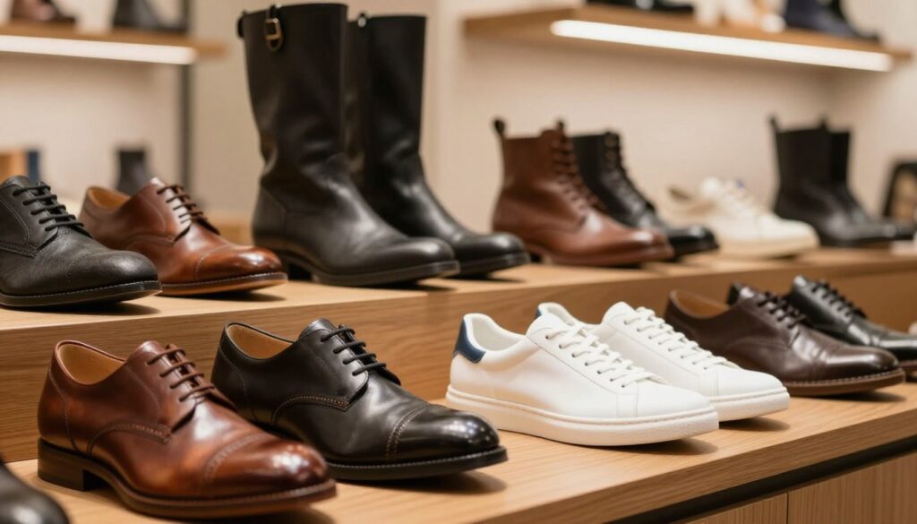 A stylish display of Bullboxer footwear, showcasing an array of modern and classic shoe designs. In the foreground, include well-crafted leather shoes, a mix of boots and sneakers, elegantly arranged on a wooden surface. The middle layer features a softly blurred background of an upscale shoe store interior, with warm, ambient lighting highlighting the quality of the products. Employing a shallow depth of field, capture the intricate details of the shoe materials and stitching. The atmosphere should feel inviting and sophisticated, emphasizing the brand's commitment to quality and craftsmanship. Use a soft, diffused lighting from above to create gentle shadows, enhancing the three-dimensionality of the shoes. The scene should evoke a sense of fashion-forward elegance and reliability. A stylish display of Bullboxer footwear, showcasing an array of modern and classic shoe designs. In the foreground, include well-crafted leather shoes, a mix of boots and sneakers, elegantly arranged on a wooden surface. The middle layer features a softly blurred background of an upscale shoe store interior, with warm, ambient lighting highlighting the quality of the products. Employing a shallow depth of field, capture the intricate details of the shoe materials and stitching. The atmosphere should feel inviting and sophisticated, emphasizing the brand's commitment to quality and craftsmanship. Use a soft, diffused lighting from above to create gentle shadows, enhancing the three-dimensionality of the shoes. The scene should evoke a sense of fashion-forward elegance and reliability.
