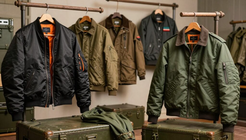 A stylish display of iconic Alpha Industries jackets, showcasing a variety of their legendary military-inspired designs. In the foreground, depict a sleek black MA-1 bomber jacket with vibrant orange lining, hanging from a rugged wooden hanger. To the side, a classic green M-65 field jacket is slightly draped over a vintage military crate. In the middle ground, a variety of jackets in different colors and styles, including the N-3B parka and the CWU-45P flight jacket, are arranged artistically, emphasizing the brand's rich heritage. The background features subtle military textures, with soft diffused lighting that casts warm tones, evoking a nostalgic yet modern atmosphere. Capture a well-balanced composition, using a shallow depth of field to highlight the details of the jackets while keeping the backdrop slightly blurred.