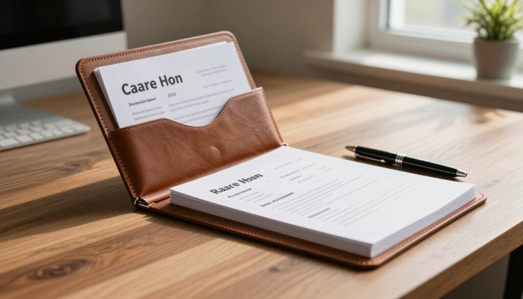 A stylish document holder arranged neatly on a wooden desk, showcasing its sleek design and rich leather texture. The foreground features an open etui with neatly organized materials: a stack of crisp resumes, a folded notepad, and a sleek pen placed purposefully beside it. In the middle ground, soft morning light filters through a nearby window, casting gentle shadows that enhance the textures of the leather and paper. The background reveals an uncluttered workspace, hinting at professionalism and calmness, with a blurred potted plant adding a touch of greenery. The mood is focused and organized, evoking a sense of confidence and readiness for a job interview.