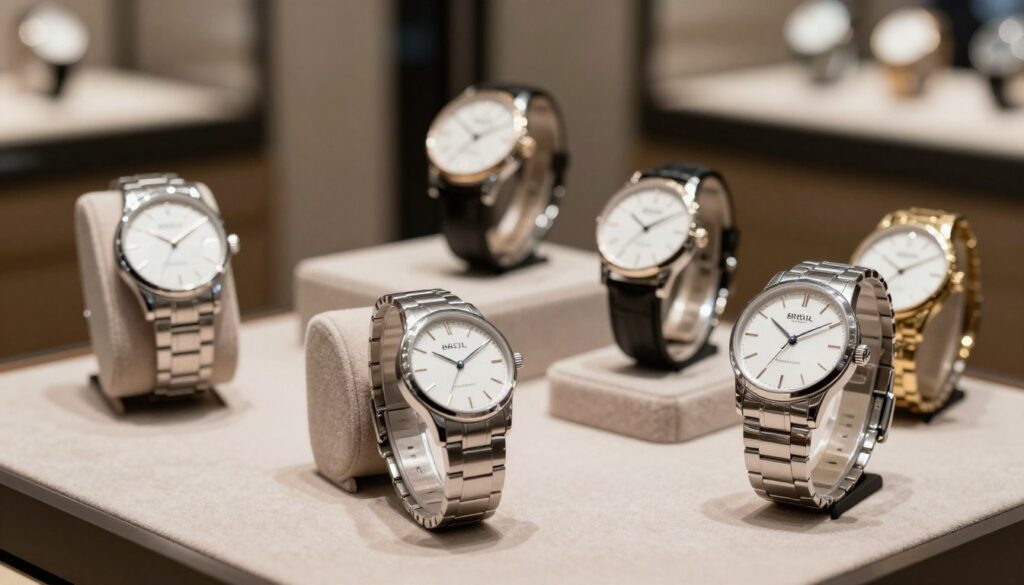 A stylish, elegant watch display showcasing various Breil timepieces, each with unique designs symbolizing Italian craftsmanship. In the foreground, a close-up of a sleek, modern watch with a polished stainless steel strap and a minimalist face. The middle ground features a few more Breil watches on soft velvet surfaces, highlighting their distinct styles and luxurious appeal. The background is softly blurred, with hints of a chic boutique atmosphere, featuring subtle lighting that creates an inviting and sophisticated ambience. The mood communicates exclusivity and refined taste, perfect for discerning customers. Capture this scene with a soft-focus lens effect, emphasizing the craftsmanship and artistry of Breil watches, while maintaining a professional and sleek aesthetic. A stylish, elegant watch display showcasing various Breil timepieces, each with unique designs symbolizing Italian craftsmanship. In the foreground, a close-up of a sleek, modern watch with a polished stainless steel strap and a minimalist face. The middle ground features a few more Breil watches on soft velvet surfaces, highlighting their distinct styles and luxurious appeal. The background is softly blurred, with hints of a chic boutique atmosphere, featuring subtle lighting that creates an inviting and sophisticated ambience. The mood communicates exclusivity and refined taste, perfect for discerning customers. Capture this scene with a soft-focus lens effect, emphasizing the craftsmanship and artistry of Breil watches, while maintaining a professional and sleek aesthetic.
