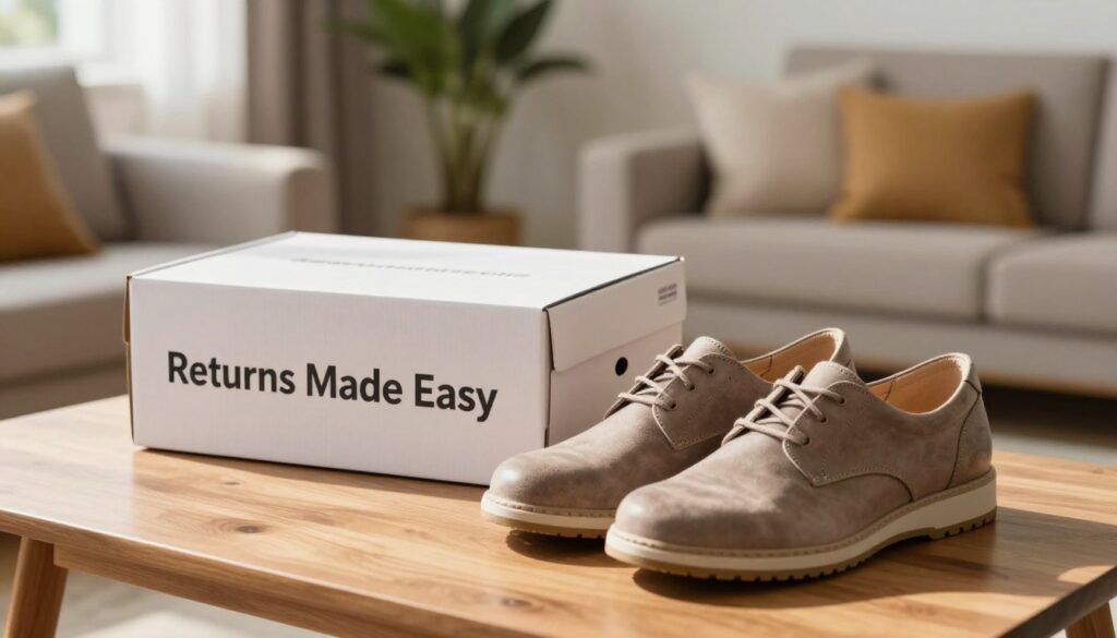 A stylish, modern shoe display in a well-lit home environment, highlighting a pair of elegant, high-quality casual shoes, designed for comfort and functionality. In the foreground, the shoes are placed on a wooden table, with soft natural light casting gentle shadows, creating an inviting atmosphere. The middle ground features a neatly arranged box labeled 'Returns Made Easy', subtly indicating the theme of online shopping safety. In the background, a cozy living room setting is visible, with plants and warm colors adding to the sense of comfort. The scene conveys a mood of trust and security, ideal for illustrating the online shopping experience. The image should be clean, professional, and free of any text or branding elements.
