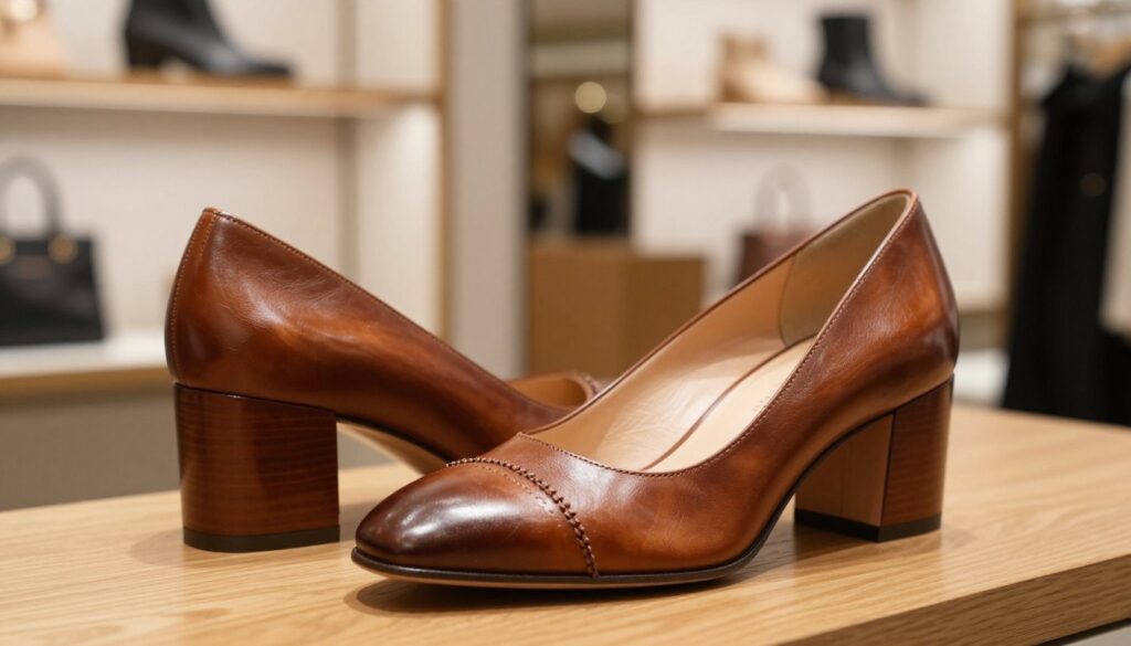 A stylish pair of Carmela shoes displayed elegantly on a wooden surface, showcasing their craftsmanship and design. In the foreground, focused on the shoes, the rich texture of the leather and intricate stitching are highlighted under soft, natural lighting that enhances their quality. The middle ground features a blurred backdrop of a boutique shop with tasteful decor, emphasizing an upscale shopping experience. The atmosphere is warm and inviting, evoking a sense of luxury and allure. The angle is slightly tilted to present the shoes from a flattering perspective, inviting viewers to appreciate their details. The scene conveys an ambiance of sophistication and style, appealing to discerning customers interested in quality footwear.