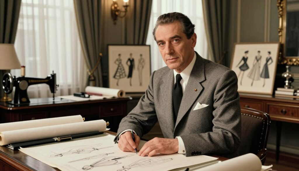 A stylish portrait of Pierre Balmain in his elegant Parisian salon during the 1950s. He is depicted as a refined middle-aged man with distinguished features, wearing a tailored suit with a modernist flair, showcasing his commitment to haute couture. In the foreground, emphasize luxurious fabrics and sketches of his iconic designs. The middle layer includes a plush salon environment with vintage sewing machines, rolls of fabric, and fashion illustrations artistically arranged around him. The background features softly lit large windows with sheer curtains, casting a warm ambient light, enhancing the atmosphere of creativity and sophistication. The mood is one of elegance and innovation, capturing the essence of Balmain's golden years in fashion.