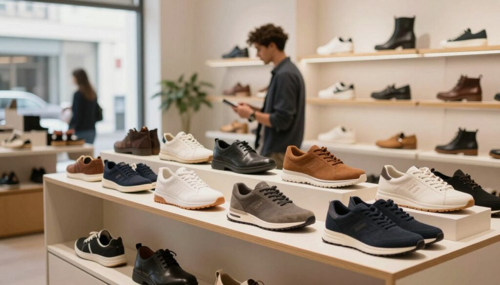 A stylish storefront displaying a variety of Badoxx shoes prominently in the foreground. Shoes of different styles – sporty, casual, and dressy – are neatly arranged on shelves, showcasing their unique designs and colors. In the middle ground, a professional-looking individual browsing the selection, dressed in smart casual attire. The background features a well-lit, modern retail space with subtle branding elements and decorative accents that emphasize a welcoming atmosphere. Soft, natural light filters in through large windows, creating a bright and inviting ambiance. The angle captures both an overview of the selection and the engagement of the shopper, evoking a sense of exploration and excitement about finding the perfect pair of Badoxx shoes.