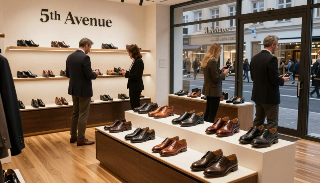 A stylish storefront displaying high-quality footwear, labeled "5th Avenue" in elegant lettering. The scene captures the essence of an upscale shoe boutique with polished wood floors and soft lighting illuminating an array of sophisticated shoes. In the foreground, a neatly arranged display showcases various shoe styles, from classic leather to trendy athletic designs. The middle ground features well-dressed professionals examining the shoes, all wearing smart casual attire, conveying a sense of luxury and exclusivity. In the background, large windows reveal a bustling city street with hints of other high-end shops, casting a warm evening glow over the scene. The atmosphere is inviting and upscale, emphasizing quality craftsmanship and the brand's presence in Poland.