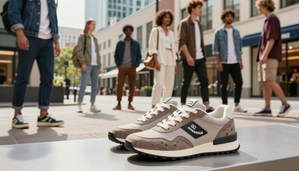 A stylish urban scene showcasing a diverse group of young adults showcasing Bikkembergs sneakers in an upscale fashion context. In the foreground, a pair of premium sneakers with distinctive branding and unique textures is highlighted on a sleek surface. The middle ground features individuals dressed in trendy, modest outfits that reflect a contemporary street style, exuding confidence and a passion for fashion. In the background, a vibrant cityscape with modern architecture and stylish storefronts sets a lively atmosphere. Soft, natural lighting bathes the scene, emphasizing the sleekness of the sneakers while casting gentle shadows. The angle focuses on the details of the footwear, creating an engaging visual experience that captures the essence of premium sportswear.
