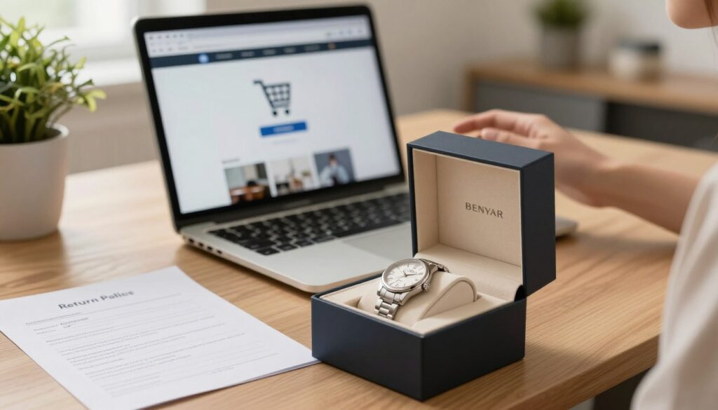 A stylish watch delivery and return scene, showcasing an elegant Benyar watch in its packaging. In the foreground, place an open sturdy box containing the watch, its polished surface glinting in soft natural light. Beside the box, include a handwritten return policy document neatly arranged. In the middle background, a modern laptop displays a well-designed online store interface with a shopping cart symbol. A blurred hand reaches towards the laptop, indicating a transaction in progress. In the far background, a cozy home office setup with a plant and minimalistic decor creates a warm and inviting atmosphere. Use warm lighting to convey a sense of trust and comfort, with a realistic depth of field effect to highlight the foreground. A stylish watch delivery and return scene, showcasing an elegant Benyar watch in its packaging. In the foreground, place an open sturdy box containing the watch, its polished surface glinting in soft natural light. Beside the box, include a handwritten return policy document neatly arranged. In the middle background, a modern laptop displays a well-designed online store interface with a shopping cart symbol. A blurred hand reaches towards the laptop, indicating a transaction in progress. In the far background, a cozy home office setup with a plant and minimalistic decor creates a warm and inviting atmosphere. Use warm lighting to convey a sense of trust and comfort, with a realistic depth of field effect to highlight the foreground.