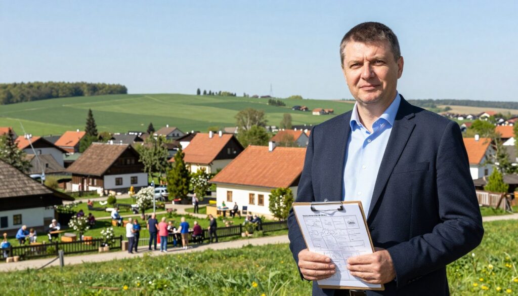 A thoughtful Polish village leader, dressed in modest business attire, stands confidently in the foreground, holding a clipboard with community plans. In the middle ground, a picturesque village scene unfolds, featuring traditional Polish architecture, blooming gardens, and villagers engaging in various activities, showcasing community life and responsibility. The backdrop reveals rolling green fields under a bright blue sky, suggesting prosperity and harmony. Soft, natural lighting bathes the scene, emphasizing a sense of warmth and dedication. Use a wide-angle lens to capture the expansive atmosphere, creating a feeling of connection with the community. The overall mood is one of professionalism and caring leadership, representing the role of a sołtys in contemporary Poland.