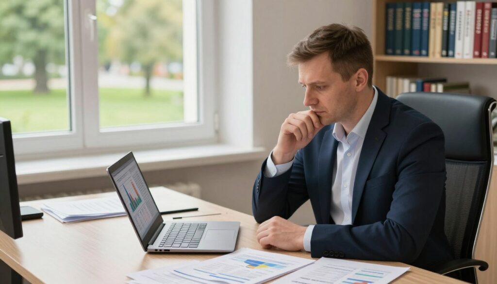 A thoughtful and engaged village mayor (wójt) sitting in a modern office, surrounded by documents and financial spreadsheets, analyzing potential business opportunities. In the foreground, the mayor, dressed in professional business attire, appears focused and serious, with a laptop open before him displaying charts and data. In the middle ground, a large window lets in warm, natural light, illuminating a green park visible outside, symbolizing community ties. The background features a bookshelf filled with civic guides and regional planning books, enhancing the official atmosphere. The overall mood is one of diligence and responsibility, with a hint of ambition, as the mayor strategizes on balancing public duties with possible entrepreneurial ventures. The camera angle is slightly above eye level, providing a comprehensive view of the scene.