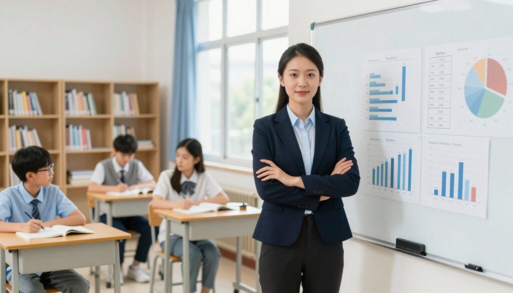 A thoughtful depiction of a school environment illustrating the factors influencing the salary of a school deputy director. In the foreground, a professional-looking male and female deputy director stand confidently beside a whiteboard filled with charts and graphs representing salary data. They are dressed in smart business attire, exuding professionalism. In the middle ground, a classroom scene is visible, with students engaged in collaborative learning, emphasizing an active educational setting. The background features bookshelves lined with educational resources, and large windows allowing natural light to fill the space, creating an inviting atmosphere. The overall mood is one of competence and focus, capturing the essence of leadership in education. Use bright lighting to create an optimistic feeling.