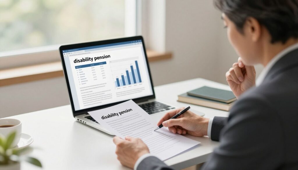 A thoughtful illustration representing "disability pension" in a professional setting. In the foreground, a middle-aged person in business attire sits at a desk, reviewing paperwork related to their unemployment benefits, appearing engaged yet contemplative. The middle layer features a laptop displaying financial graphs and documents about pension details. In the background, a window reveals a soft, inviting natural light filtering through, hinting at a serene office environment. Ensure a balance of calm and focus in the atmosphere, with warm colors promoting a sense of hope and stability. Capture the moment from a slightly elevated angle to convey both the subject's perspective and the broader implications of employment limitations due to total disability.
