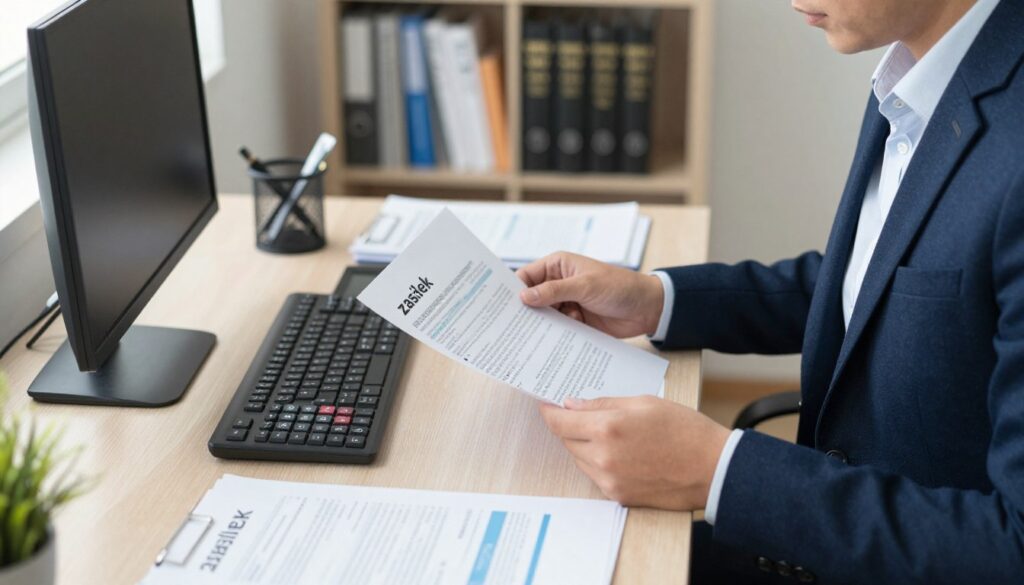 A thoughtful scene depicting the concept of "zasiłek" within an office environment. In the foreground, a professional individual wearing business attire is sitting at a desk, reviewing documents related to benefits and unemployment compensation. The middle ground features an organized workspace with a computer, paperwork, and financial calculators, emphasizing the financial aspect of benefits like sick leave and unemployment. The background shows a bookshelf filled with legal and financial books related to social security and employment. Soft, natural lighting floods the room, creating a calm and focused atmosphere. The angle captures the person’s engagement with the material, illustrating the intersection of health benefits and unemployment aids, all while maintaining a sense of professionalism and clarity.