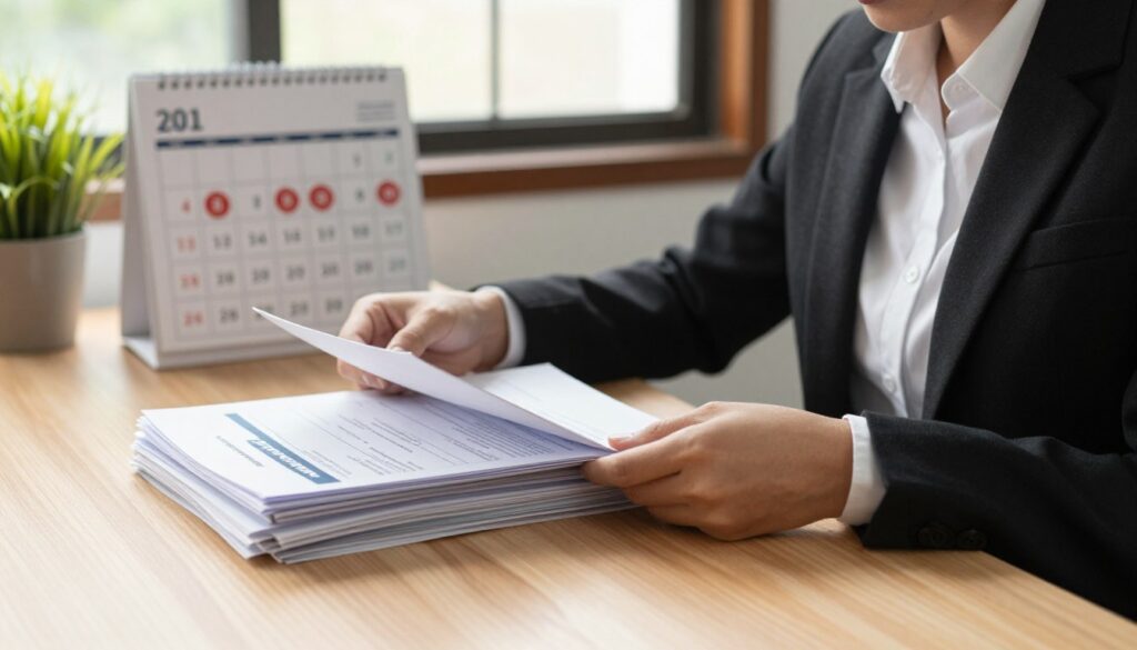 A thoughtful scene in an office environment showcasing an individual sitting at a desk, surrounded by important documents related to unemployment registration. The person, dressed in professional business attire, is intently reviewing a stack of papers that include forms and guidelines for applying for unemployment benefits. In the background, a calendar prominently displays dates circled in red, indicating critical deadlines. Warm, natural lighting filters through a window, creating a welcoming and focused atmosphere. A potted plant sits on the desk, adding a touch of life to the setting. The composition should convey a sense of urgency and professionalism, reflecting the theme of navigating the bureaucratic processes of unemployment registration.