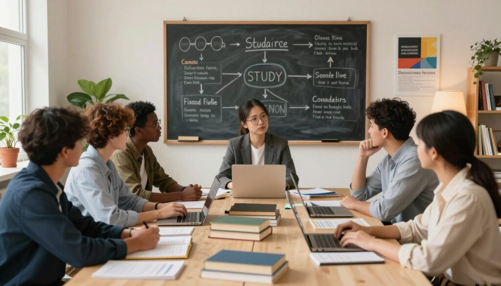 A thoughtful workspace that symbolizes the decision-making process regarding education and career paths. In the foreground, a diverse group of young adults, dressed in professional business attire and modest casual clothing, are engaged in a discussion around a table filled with books, laptops, and career guides. In the middle ground, a large chalkboard features diagrams and lists depicting different study paths and career options. The background shows a cozy, well-lit room with warm lighting, plants, and motivational posters. The atmosphere is one of collaboration and introspection, with soft shadows cast to evoke a sense of focus and clarity, captured with a warm color palette. The scene is framed with a wide-angle view to provide a comprehensive perspective of the lively interaction and decision-making process.