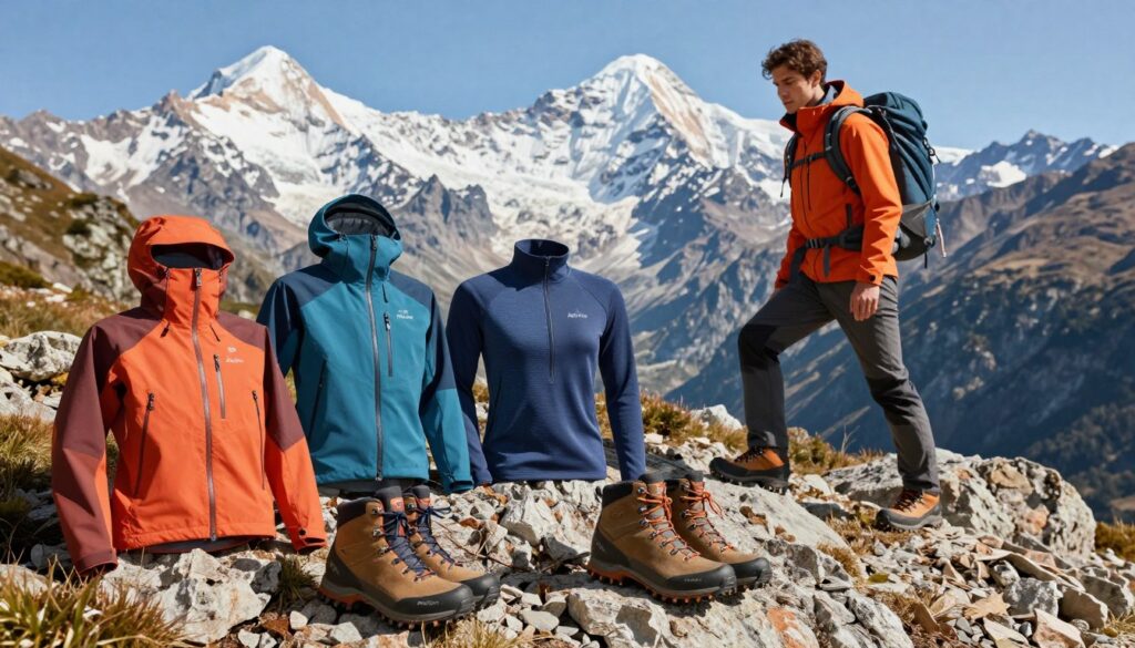 A vibrant alpine scene showcasing a variety of outdoor clothing and boots from the Alpine Pro brand. In the foreground, display a selection of high-performance jackets, thermal layers, and hiking boots arranged neatly on rocky terrain. The middle ground should feature an adventurous hiker dressed in professional outdoor attire, demonstrating comfort and flexibility, as they trek through a breathtaking mountain landscape. In the background, depict majestic snow-capped peaks under a clear blue sky, enhancing the mood of exploration and adventure. Use warm, natural lighting to highlight the fabric texture and details of the gear, creating a visually appealing atmosphere that conveys the essence of alpine outdoor activities.