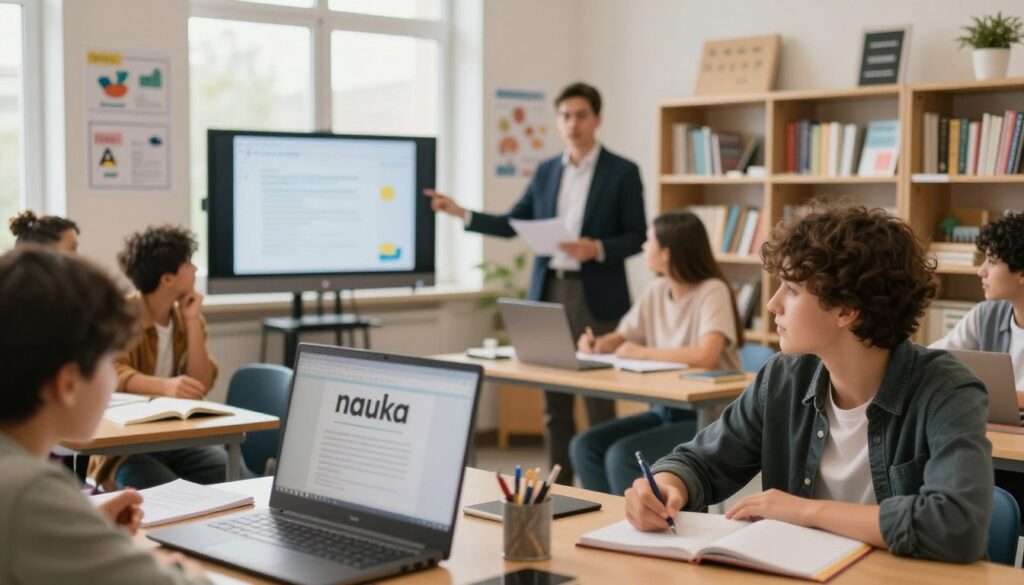 A vibrant and dynamic classroom setting showcasing "nauka" in a study environment. In the foreground, a diverse group of students engaged in various activities: one is attentively listening to a lecturer at the front, another is collaborating with a peer on a project, and a third is taking notes while looking at a computer. The middle ground features a smartly dressed instructor using a digital presentation to explain concepts, surrounded by educational posters emphasizing learning. The background reveals shelves lined with books and resources, with soft, natural light streaming through large windows, creating a warm and inviting atmosphere. A shallow depth of field focuses on the students, enhancing the sense of engagement and excitement in their learning journey.