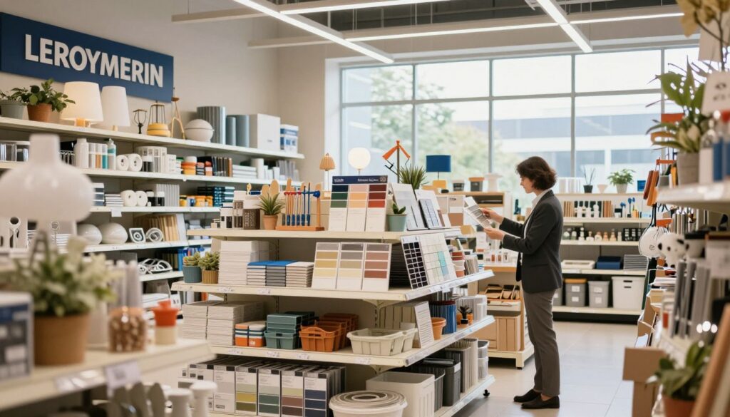 A vibrant and inviting interior of a Leroy Merlin store, showcasing a well-organized display of home improvement products and tools. In the foreground, a customer, dressed in professional business attire, examines paint samples. The middle section features a variety of shelves stocked with DIY materials, lighting fixtures, and decorative items, creating a sense of abundance. The background shows a bright, open space with large windows allowing natural light to flood in, enhancing the store’s warm atmosphere. Soft shadows create depth, while a slight blur on the edges draws focus to the products in the center. The scene conveys a feeling of inspiration and creativity in home decoration and improvement.