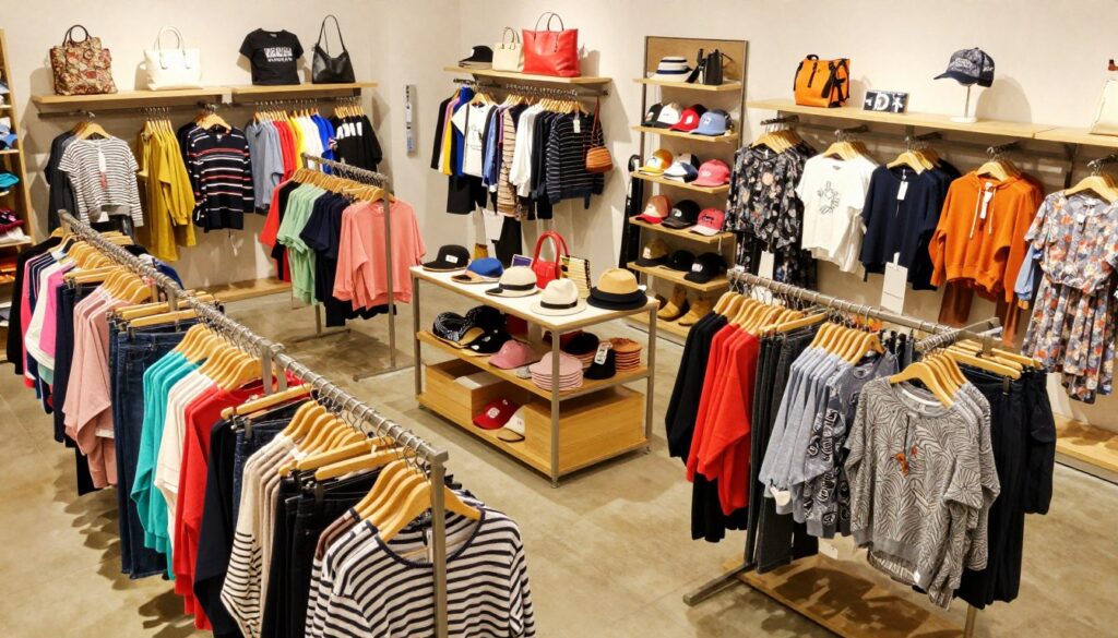 A vibrant and inviting showcase of a clothing store filled with a wide selection of apparel and accessories for women, men, and children. In the foreground, feature neatly arranged racks of colorful garments, including casual wear, formal attire, and trendy pieces. In the middle, display a well-organized accessories section with bags, hats, and shoes. The background should depict a stylishly designed store interior with warm, inviting lighting that highlights the products. Use a slightly elevated angle to capture the full ambiance of the space, enhancing the feeling of abundance and variety. The overall atmosphere should feel welcoming and energetic, appealing to families and individuals alike, emphasizing the diversity and quality of Brave Soul's offerings.