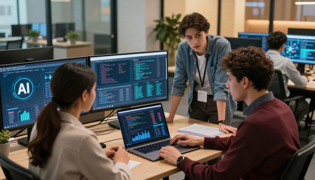 A vibrant and modern digital workspace showcasing top IT specializations. In the foreground, a diverse group of three professionals, two women and one man, dressed in smart casual business attire, are engaged in a collaborative discussion over a laptop displaying data graphs and coding lines. The middle ground features large monitors displaying various tech concepts such as AI, cybersecurity, and software development. In the background, a sleek office environment with glass walls, plants, and soft, warm lighting creates a welcoming atmosphere. The scene is captured from a slightly elevated angle, conveying a sense of innovation and teamwork, reflecting the thriving tech industry and high-paying IT specializations.