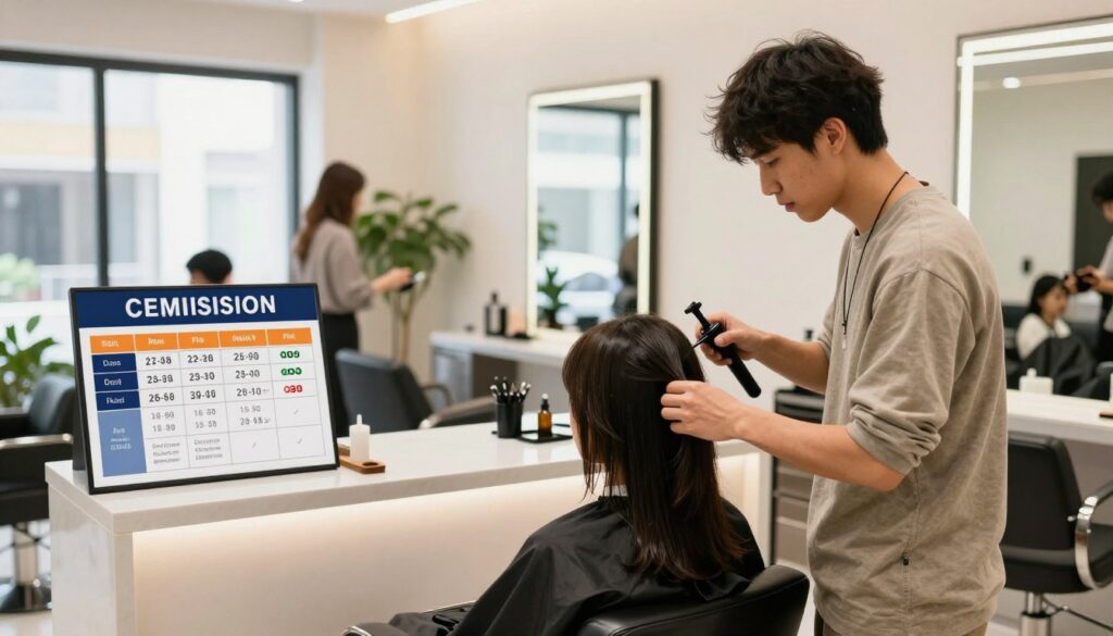 A vibrant and modern salon interior showcasing a commission-based payment theme. In the foreground, a professional hairdresser, dressed in modest casual clothing, styles a client's hair while discussing earnings. The middle ground features a stylish reception area with a sleek desk displaying a commission structure chart, highlighting client payments and service incentives. In the background, large windows allow natural light to pour in, illuminating the activity and creating a welcoming atmosphere. The overall color scheme is warm, with hints of green plants adding freshness. The image captures a sense of professionalism and creativity, reflecting the dynamics of earnings in mixed commission systems within busy urban settings. The angle is slightly tilted down to focus on the interaction and ambiance. A vibrant and modern salon interior showcasing a commission-based payment theme. In the foreground, a professional hairdresser, dressed in modest casual clothing, styles a client's hair while discussing earnings. The middle ground features a stylish reception area with a sleek desk displaying a commission structure chart, highlighting client payments and service incentives. In the background, large windows allow natural light to pour in, illuminating the activity and creating a welcoming atmosphere. The overall color scheme is warm, with hints of green plants adding freshness. The image captures a sense of professionalism and creativity, reflecting the dynamics of earnings in mixed commission systems within busy urban settings. The angle is slightly tilted down to focus on the interaction and ambiance.