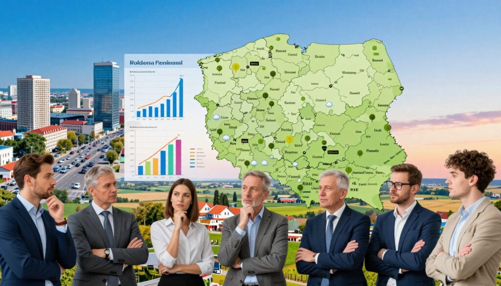 A vibrant collage illustrating regional income differences across Poland, with two distinct areas juxtaposed. In the foreground, a diverse group of individuals in professional attire engages in discussions, representing various economic backgrounds and occupations. Their expressions reflect curiosity and contemplation. In the middle ground, incorporate visual elements like maps and graphs depicting varying income levels, with one side showing a bustling urban setting with high-rise buildings and busy streets, while the other displays a serene rural landscape with fields and local shops. In the background, a gradient sky transitioning from bright blue to soft sunset hues creates an optimistic atmosphere. The scene is well-lit, emphasizing clarity and vibrancy, captured from a wide-angle perspective to showcase the contrast effectively.