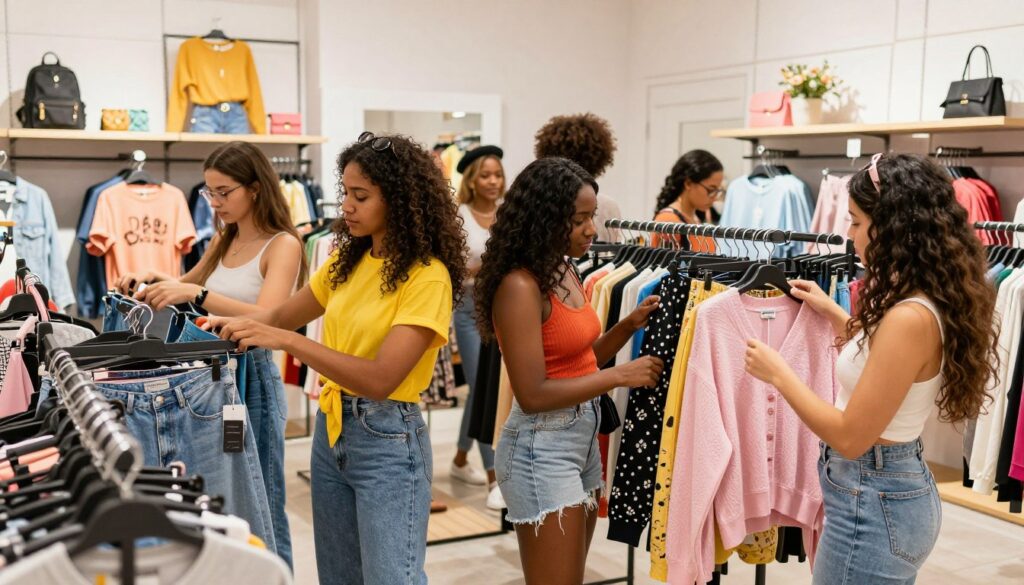 A vibrant, engaging scene featuring a diverse group of young women shopping at a trendy clothing store, reflecting the essence of the Bik Bok brand. In the foreground, three stylish women of different ethnicities, dressed in fashionable casual clothing, are browsing colorful garments on racks, showcasing the brand's contemporary collections. The middle ground showcases the store's modern and inviting layout, with bright lighting highlighting the latest fashion items. The background features a chic display of seasonal clothing and accessories, creating a lively shopping atmosphere. The overall mood is energetic and youthful, capturing the excitement of shopping for trendy outfits suitable for various occasions. The image should be well-lit, with a focus on the shoppers and clothing, conveying the stylish and inclusive nature of the Bik Bok brand.