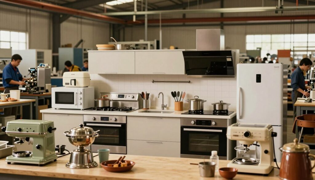 A vibrant kitchen setting that showcases the evolution of Amica from a small kitchen factory to a large home appliance producer. In the foreground, feature vintage kitchen tools and appliances, highlighting the brand's history. The middle layer should depict modern Amica appliances in a sleek, contemporary kitchen, emphasizing innovation and quality. The background then transitions into an industrial factory scene representing Amica's heritage, with workers in professional attire engaged in appliance assembly. The lighting is warm and inviting, creating a sense of nostalgia while also showcasing progress. A soft focus on the factory in the background draws attention to the modern kitchen in the middle, symbolizing the brand's journey. Aim for an atmosphere that evokes professionalism and trust in home appliances.