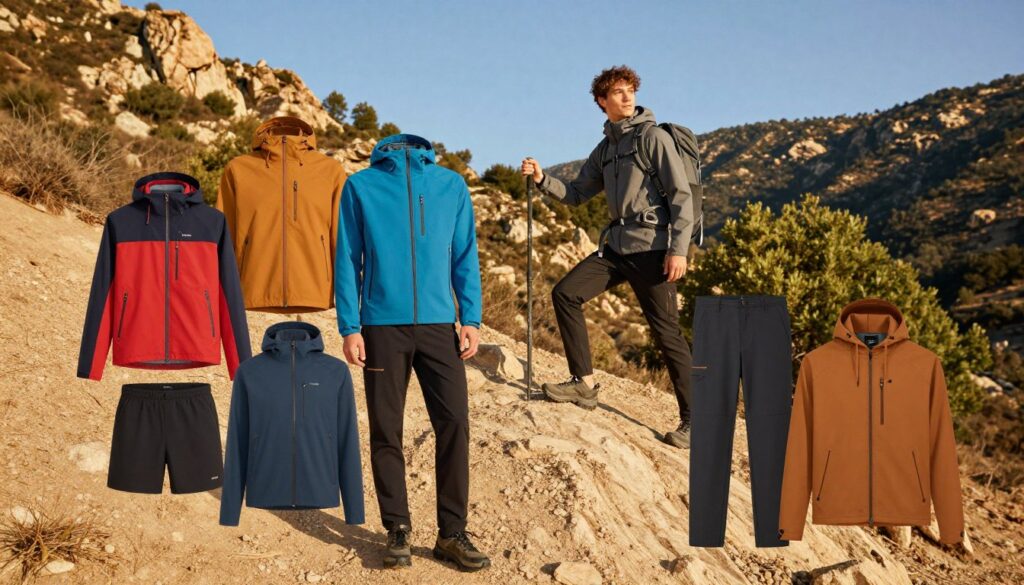 A vibrant outdoor scene showcasing a variety of Brugi products including stylish jackets, durable trousers, comfortable hoodies, and essential accessories for active lifestyles. In the foreground, display a neatly arranged selection of these items, emphasizing their functional design and quality materials. The middle ground features an adventurous individual dressed in Brugi attire, engaging in a light hiking activity, capturing the essence of outdoor exploration. The background illustrates a breathtaking natural landscape, with rugged hills and green trees under a clear blue sky, radiating a sense of adventure and freedom. The lighting is warm and inviting, suggesting a sunny day, while the angle is slightly elevated to create depth and highlight the landscape. The overall mood conveys energy, excitement, and an invitation to embrace the outdoors with confidence.
