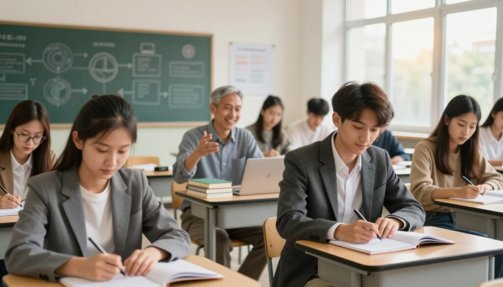 A vibrant scene in a university classroom, showcasing a diverse group of students engaged in a lecture. In the foreground, a young adult in professional business attire attentively takes notes, demonstrating the role of a "wolny słuchacz" (free listener) without a high school diploma. In the middle, a friendly professor gestures enthusiastically, surrounded by books and modern technology, emphasizing an inclusive learning environment. The background features a chalkboard filled with diagrams and educational materials, while large windows let in warm, natural light, creating an inviting atmosphere. The image captures a sense of motivation and opportunity, highlighting the possibility of educational engagement beyond traditional pathways.