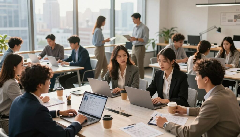 A vibrant urban job market scene depicting professionals engaged in a lively discussion at a modern co-working space. In the foreground, a diverse group of individuals, dressed in professional business attire, are gathered around a large table covered with laptops, resumes, and coffee cups. In the middle ground, various people collaborate on job search strategies, while some are seated in comfortable chairs, reviewing materials. The background features large windows with a city skyline, bathed in warm afternoon light, creating an inviting atmosphere. The mood is optimistic and focused, emphasizing teamwork and determination as they navigate today's competitive job market. The composition is shot from a slightly elevated angle to capture the depth of the scene. A vibrant urban job market scene depicting professionals engaged in a lively discussion at a modern co-working space. In the foreground, a diverse group of individuals, dressed in professional business attire, are gathered around a large table covered with laptops, resumes, and coffee cups. In the middle ground, various people collaborate on job search strategies, while some are seated in comfortable chairs, reviewing materials. The background features large windows with a city skyline, bathed in warm afternoon light, creating an inviting atmosphere. The mood is optimistic and focused, emphasizing teamwork and determination as they navigate today's competitive job market. The composition is shot from a slightly elevated angle to capture the depth of the scene.