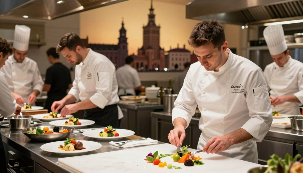 A vibrant urban scene depicting chefs at work in various Polish cities, showcasing their diverse culinary creations. In the foreground, a professional chef in a crisp white uniform and apron is focused on plating a beautifully arranged dish, with colorful ingredients artfully scattered around. The middle ground features a bustling restaurant kitchen with chefs collaborating, showcasing teamwork and energy. In the background, silhouettes of city skylines like Warsaw, Krakow, and Wroclaw are visible, symbolizing different regions of Poland. The lighting is warm and inviting, creating an atmosphere of gastronomical passion and professionalism. The composition captures the essence of culinary expertise while portraying the working environment in gastronomy, emphasizing both the art and the hustle involved in the industry.