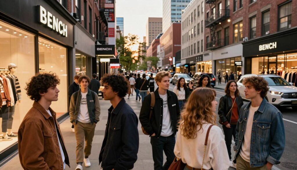 A vibrant urban scene showcasing the Bench clothing brand amidst its competitors. In the foreground, a diverse group of young adults dressed in stylish Bench apparel, including jackets and accessories, are casually interacting and enjoying their surroundings. The middle ground features a busy street lined with boutique stores, prominently displaying the Bench logo along with a few other well-known fashion brands to emphasize competition. The background captures a city skyline at dusk, with warm golden lighting illuminating the scene, creating an inviting and contemporary atmosphere. The angle is slightly elevated, providing a clear view of both the stylish individuals and the vibrant urban setting. The overall mood is youthful, energetic, and relatable, appealing to fashion-conscious individuals looking for quality and style. A vibrant urban scene showcasing the Bench clothing brand amidst its competitors. In the foreground, a diverse group of young adults dressed in stylish Bench apparel, including jackets and accessories, are casually interacting and enjoying their surroundings. The middle ground features a busy street lined with boutique stores, prominently displaying the Bench logo along with a few other well-known fashion brands to emphasize competition. The background captures a city skyline at dusk, with warm golden lighting illuminating the scene, creating an inviting and contemporary atmosphere. The angle is slightly elevated, providing a clear view of both the stylish individuals and the vibrant urban setting. The overall mood is youthful, energetic, and relatable, appealing to fashion-conscious individuals looking for quality and style.