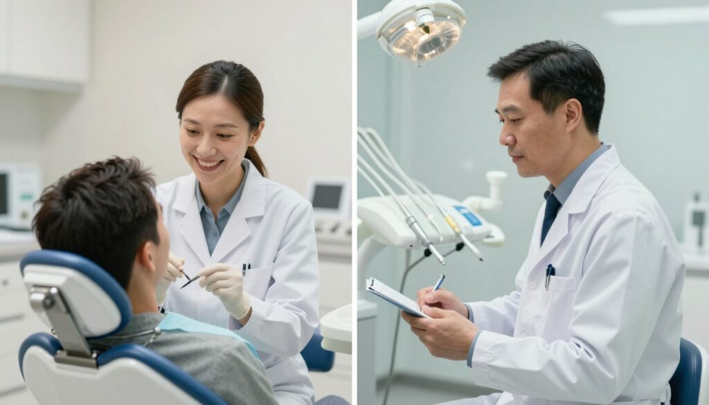 A visual representation depicting a dentist's office, split into two sections to illustrate the differences between private practice and NFZ (National Health Fund) remuneration. On the left, a modern, welcoming private dental clinic with bright, natural lighting. Feature a professional dentist, wearing a clean lab coat, attentively examining a patient in the dental chair, showcasing a warm, friendly atmosphere. On the right, a more clinical environment with standard equipment, depicting a dentist in professional business attire discussing treatment options with a patient, emphasizing a more formal and structured tone. Use a balanced composition to highlight the contrasting styles, with a soft focus on the background to keep the main subjects in sharp detail. Incorporate a warm color palette for the private office and cooler tones for the NFZ section to enhance the mood differences.