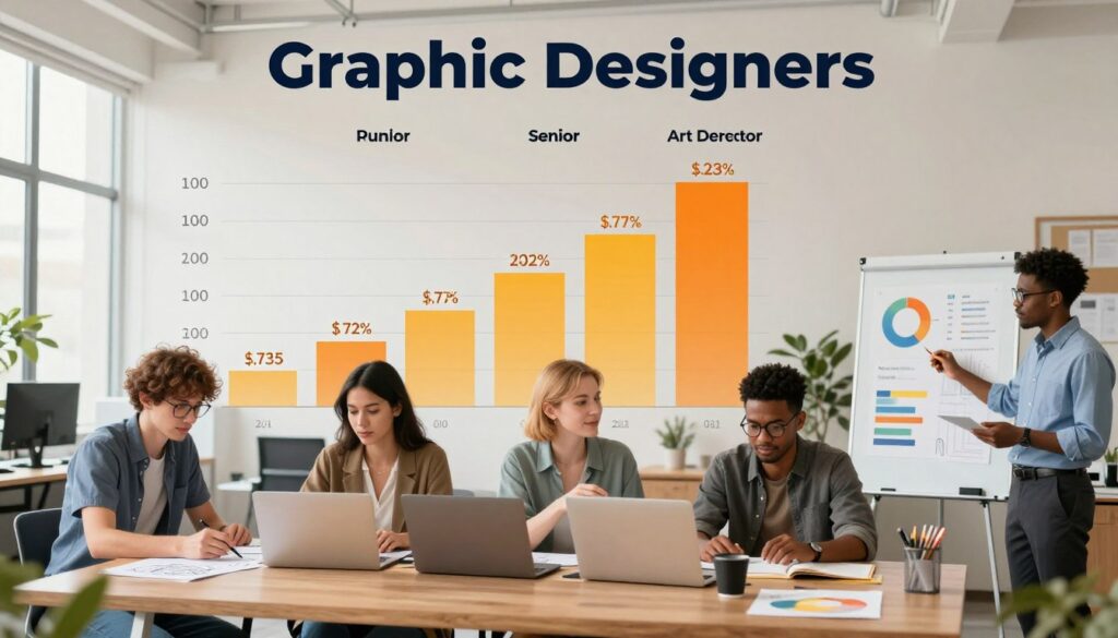 A visually appealing infographic showcasing the salaries of graphic designers based on their experience levels: junior, regular, senior, and art director. In the foreground, stylized representations of each experience level with diverse professionals in smart casual attire — a young designer sketching ideas, a mid-career designer working on a computer, a senior designer discussing a project with a client, and an art director presenting concepts in a meeting room. In the middle ground, a chart indicating salary ranges for each level, clearly labeled. The background features a modern office environment with soft lighting, large windows, and creative decor. The overall mood is professional and inspiring, emphasizing growth and career progression within the graphic design field.