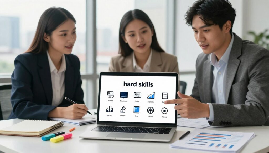 A visually engaging composition illustrating "hard skills" for a CV. In the foreground, an open laptop displays various professional skills icons, such as coding, data analysis, and graphic design tools. Surrounding the laptop, neatly organized stationery items like a notepad, highlighters, and charts that represent skill metrics. In the middle, a diverse group of three individuals—two women and one man—dressed in professional business attire, are discussing and pointing at the laptop. They are in a bright, modern office setting with a large window revealing a cityscape in the background bathed in warm natural light. The mood is collaborative and professional, emphasizing the importance and validation of hard skills. The image should have a sharp focus on the subjects and laptop, with a soft blur on the background for depth.
