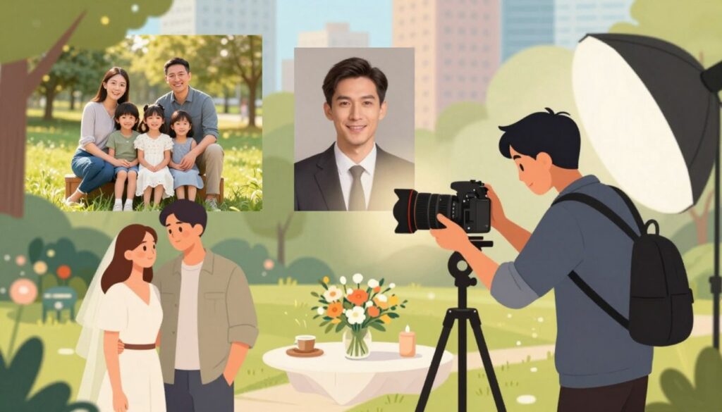 A visually engaging illustration depicting a professional photographer at work during various types of photo sessions. In the foreground, a photographer in smart casual attire is seen adjusting a camera on a tripod, capturing a vibrant outdoor portrait session with a happy couple. The middle ground showcases different types of setups: a family session in a park, a corporate headshot shoot in an elegant studio, and a wedding setup adorned with flowers. The background features a blurred cityscape, indicating versatility in locations. Soft, warm natural lighting highlights the subjects, with a slight bokeh effect to focus on the main action. The overall atmosphere is dynamic, showcasing the diversity of photography styles in a professional yet inviting mood.
